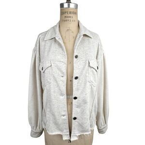 POL French Terry Knit Button Front Shacket Womens S Oatmeal Balloon‎ Sleeve